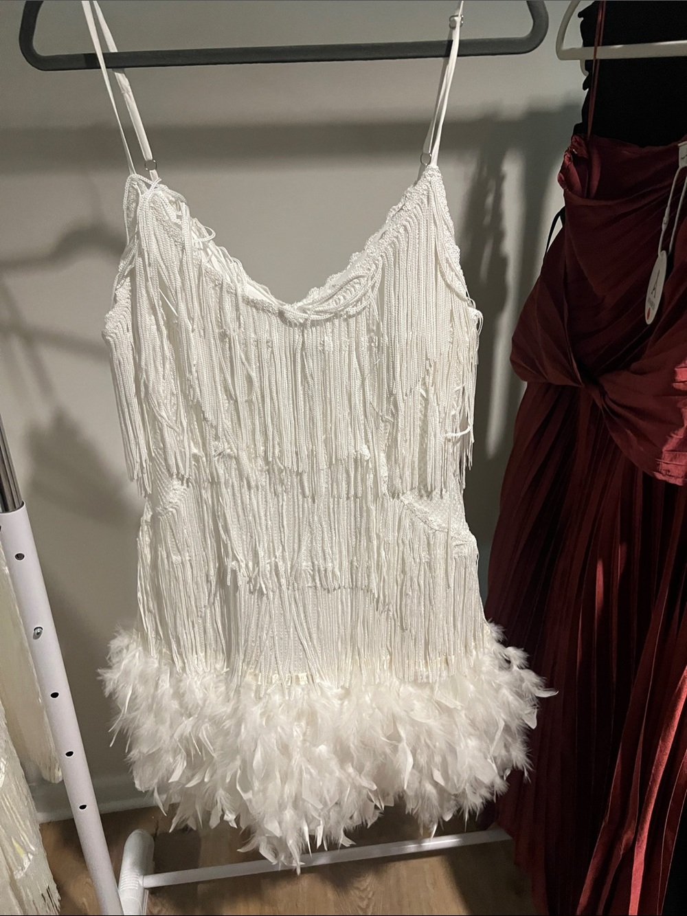White Feather-Trim Fringe bachelorette dress
